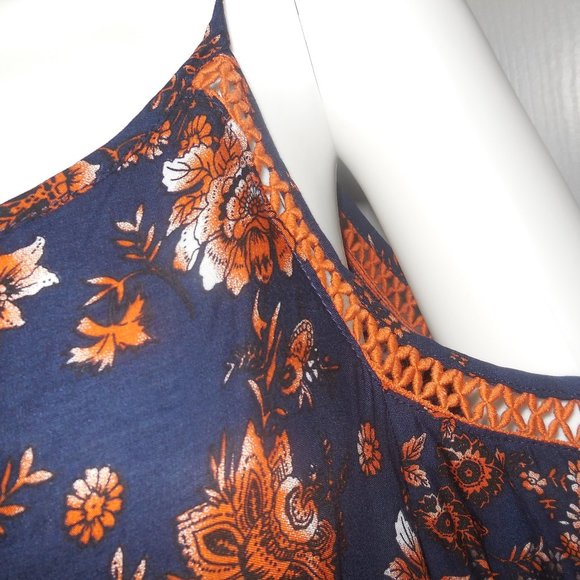 Dress Floral Short Summer A-line open shoulders long sleeve boho NWT LARGE - Picture 5 of 8